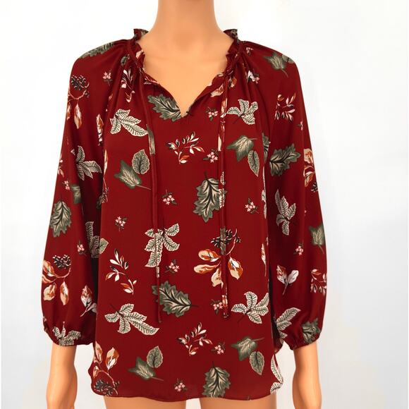 NWT Loft Peasant Blouse Size XS Rust Botanical Print 3/4 Sleeve Autumn Top - Picture 2 of 14
